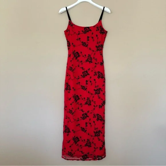 Vintage Y2K Small Whimsigoth Red Maxi Dress Black Velvet Roses Overlay Strappy